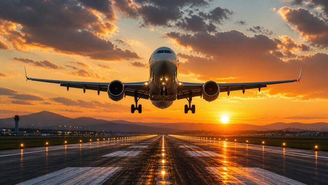 A majestic commercial airliner takes off from the airport runway into a breathtaking golden sunset, highlighting the excitement and wonder of global travel and aviation adventure.