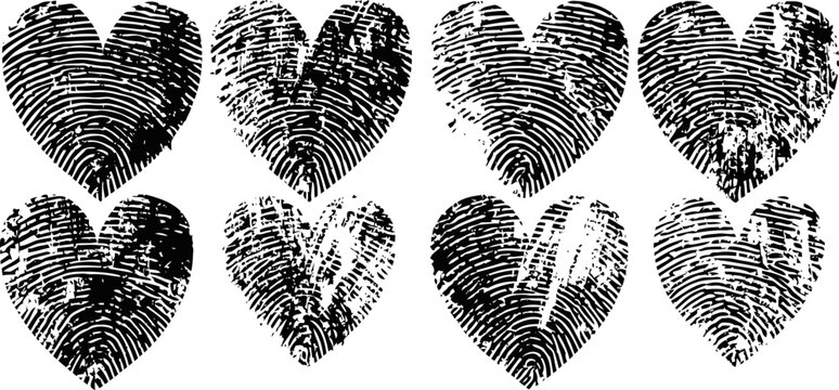 black fingerprint hearts in various textures and patterns unique love symbol set with organic and imperfect designs