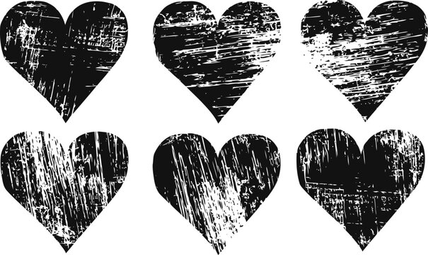 Grunge black heart shapes set distressed textured love symbols with rough worn effect vintage romantic icons collection