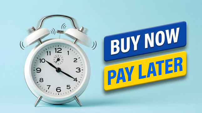 Urgent call to action for buy now pay later financing with a ringing alarm clock.