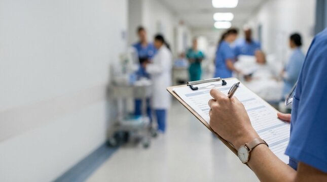 Healthcare professional writing patient notes on clipboard in a busy hospital hallway with other staff working.