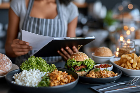 restaurant staff checking food order with clipboard over served dishes