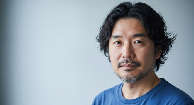 Close up portrait of a middle aged east asian man with dark hair and a thoughtful expression