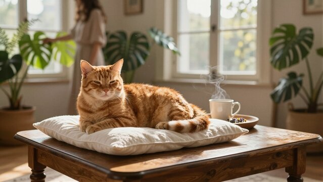 A ginger cat rests on a white cushion atop a wooden table in a sunlit room, with steam rising from a nearby mug. A person is visible in the background tending to plants.