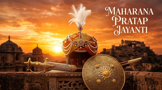 Maharana Pratap Jayanti celebration background with regal turban, sword, and shield at sunset