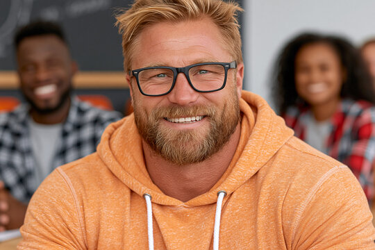 Smiling man with glasses in classroom or group learning environment