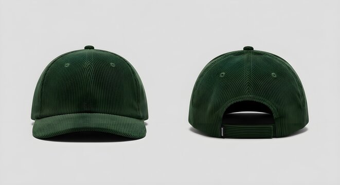 Dark green corduroy baseball cap shown from front and back views for fashion branding and apparel design.