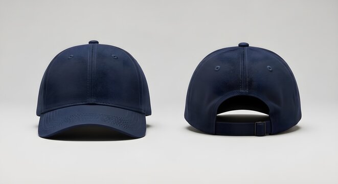 A pair of blank navy blue baseball caps shown from the front and back for custom branding and apparel design