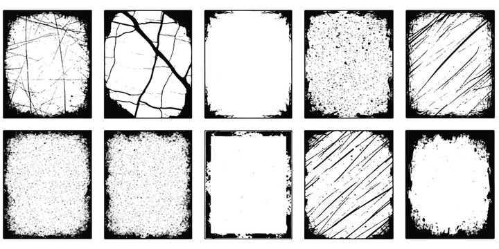 Set of ten grunge rectangle frames with distressed edges and scratched textures for design projects