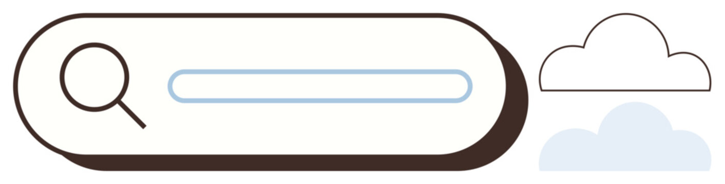 Cloud storage, digital search, internet browsing, online research, data access, technology interface. Minimalist search bar with a magnifying glass and cloud symbols. Cloud storage and digital search