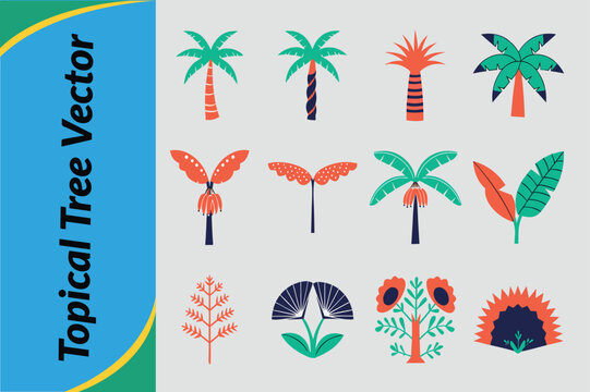 A decorative illustration design featuring a vector set of world flags and Christmas trees paired with tropical summer beach palms, island nature symbols, and travel vacation icons