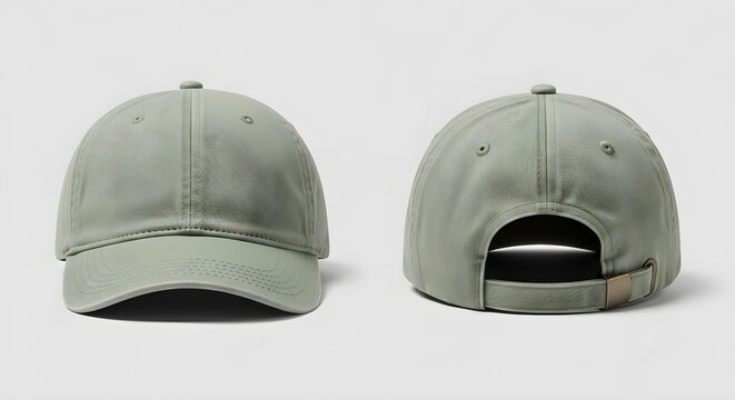 Front and back view of a minimalist sage green baseball cap with an adjustable strap for apparel mockup
