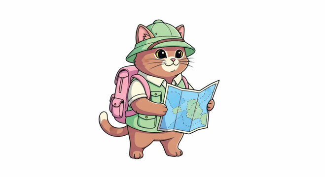 Cute cartoon cat explorer with map and backpack.