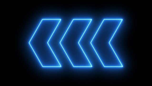 Neon light arrows pointing to the left. Gowing neon arrows on a black background. Flashing direction indicators. 