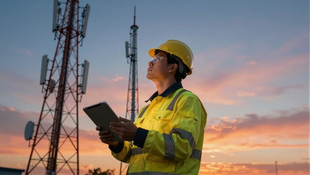 A telecom engineer in safety gear uses a digital tablet while standing near a cell tower at sunset.