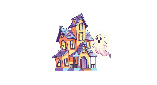 Spooky Haunted House with Friendly Ghost Illustration.