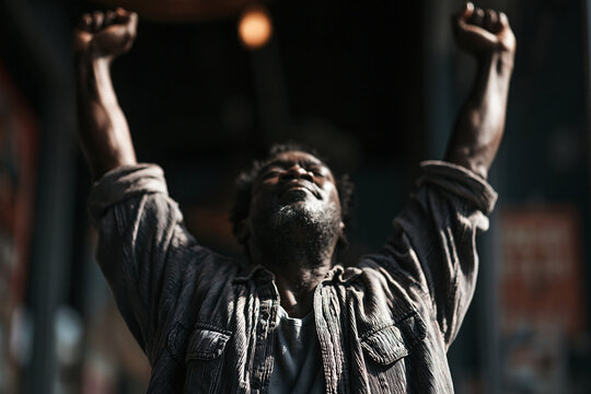 Man celebrating success with raised arms in dramatic lighting