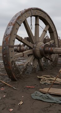 Ancient Wooden Siege Engine Wheel Half-Buried in Mud