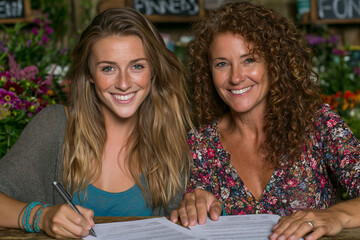 Fototapeta premium Mother and daughter signing documents together at table
