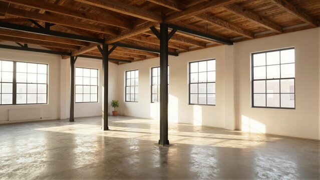 Empty industrial loft with exposed wooden beams and steel columns, large windows allowing natural light to illuminate the space.