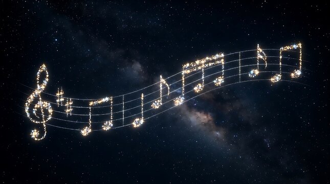 Illuminated musical notes and treble clef floating in night sky with stars and galaxies