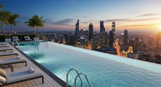 Rooftop infinity pool overlooking city skyline at sunset