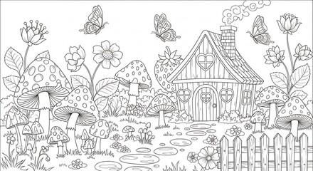 Obraz premium Enchanting Fairy House Surrounded by Giant Mushrooms and Butterflies.