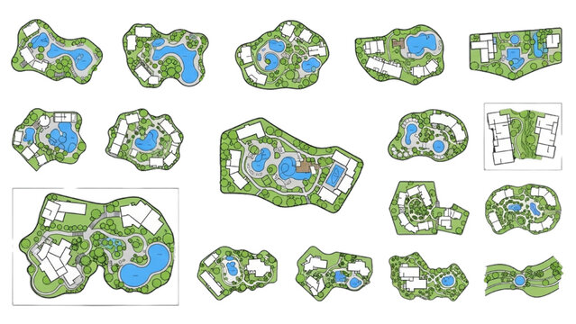 Various 2D AutoCAD designs showcase different golf course layouts and blueprints