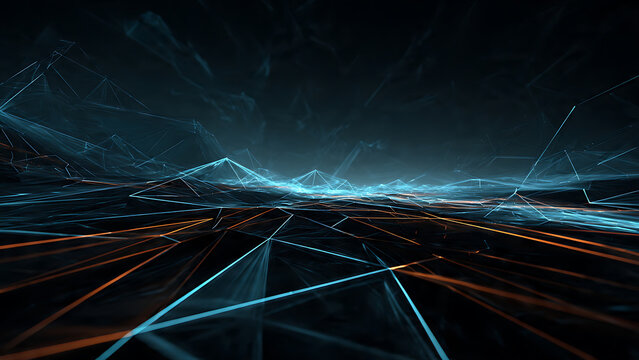 Abstract geometric wireframe terrain with glowing blue and orange polygon lines, futuristic plexus landscape on dark background, concept for