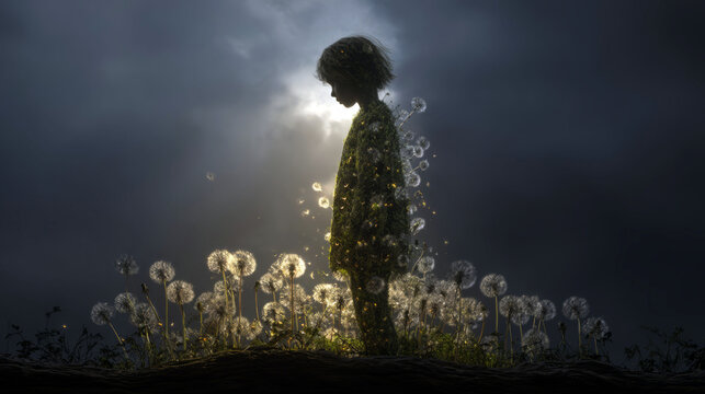 Silhouette of Hope: Child Among Dandelions