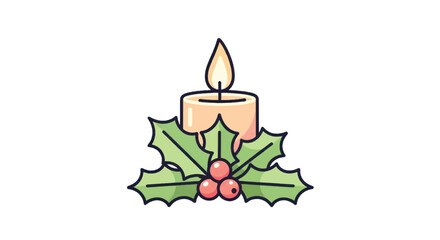 Naklejka premium Christmas Candle with Holly and Berries Illustration.