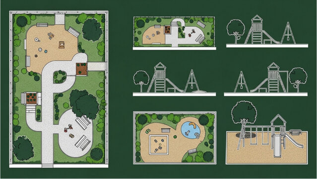 2D AutoCAD designs showcase various amusement park attractions and layout