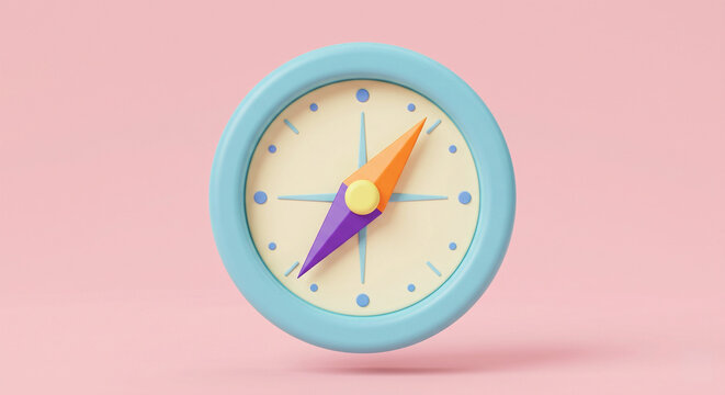 3D render of a simple modern navigation compass icon, bright pastel colors, smooth matte texture, minimalist design on light pink background for travel UI