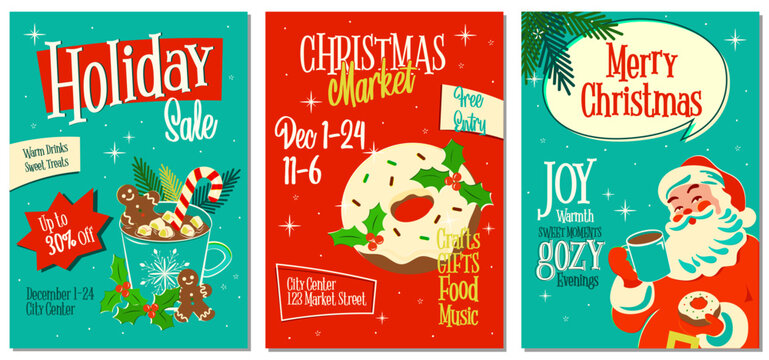 Christmas poster set in retro mid century style with turquoise, red and cream colors. Illustrations include hot drink cup with candy cane and gingerbread cookies, iced donut with holly leaves, and San