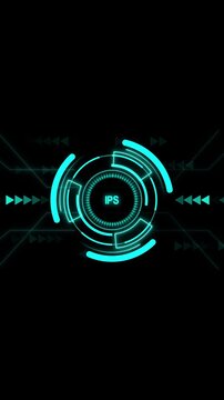 Neon HUD interface with security IPS text for defense. Neon HUD interface cybersecurity data protection. Neon HUD interface network monitoring.