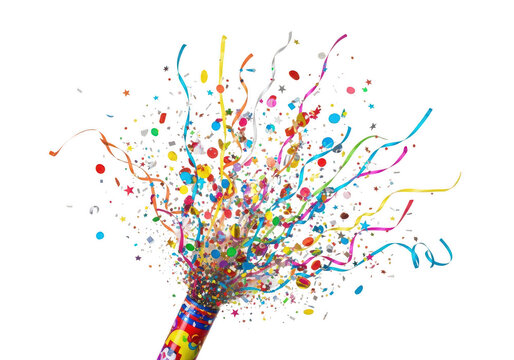 Explosion of colorful confetti and streamers from a party popper isolated on transparent background