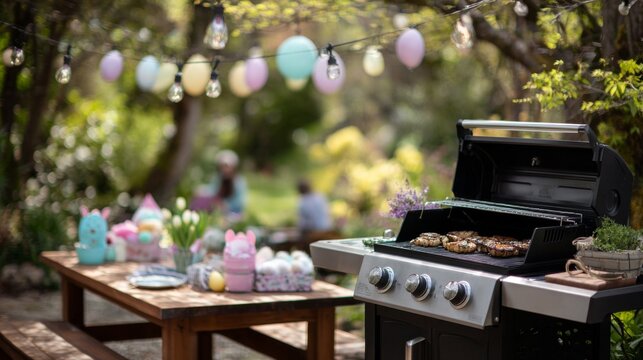 Cheerful outdoor barbecue setup with pastel decorations and delicious grilled treats.
