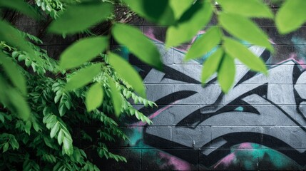 Naklejka premium Vibrant graffiti art hidden behind lush green leaves in an urban setting.