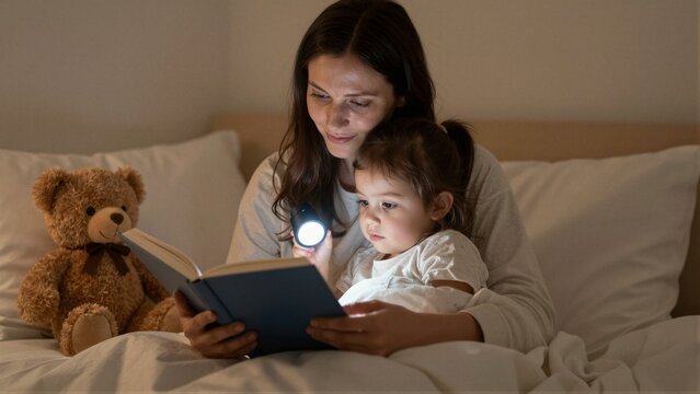 A mother reads a book to her daughter in bed with a flashlight, creating a warm and intimate atmosphere.