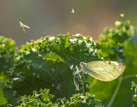 A butterfly on green leaves with small insects flying