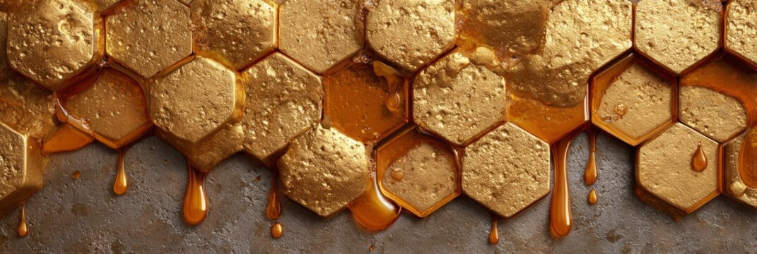 Glistening honeycomb with golden honey dripping and rich texture details.