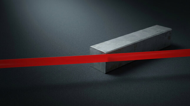 Steel bar behind red barrier tape on dark charcoal, blocked export metal trade war EU steel barrier tariff concept, copy space.