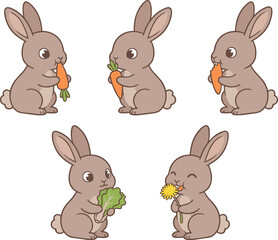Fototapeta premium Cute Rabbit Characters Collection Vector Set with Bunny Eating Carrot Leaf and Flower Cartoon Animal Illustrations Isolated on White Background