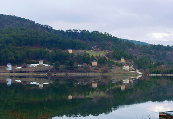 Fototapeta premium It is located 11 km north of Göynük district. Çubuk Lake, with Çubuk Village on its shore and surrounded by beautiful pine forests, is situated on the shore.