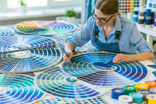 Graphic designer working with color palette samples in studio