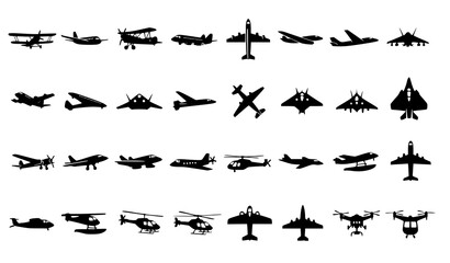 A comprehensive collection of aircraft silhouettes from vintage biplanes to modern jet fighters and helicopters © vector design 