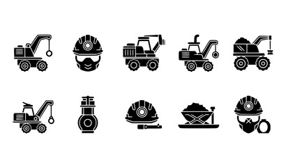 Construction and mining equipment icons a comprehensive set of black glyph illustrations for industrial applications © vector design 
