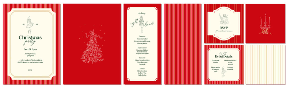 Christmas stationery set in vintage style with red striped pattern, cream cards and green line illustrations. Designs include ballerina, nutcracker soldier, mouse king, Christmas tree, RSVP card, menu