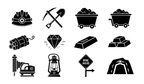 Mining industry icons set tools resources and safety elements in black silhouette style