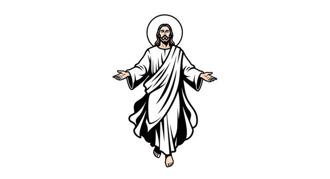Jesus Christ with open arms and halo illustration.